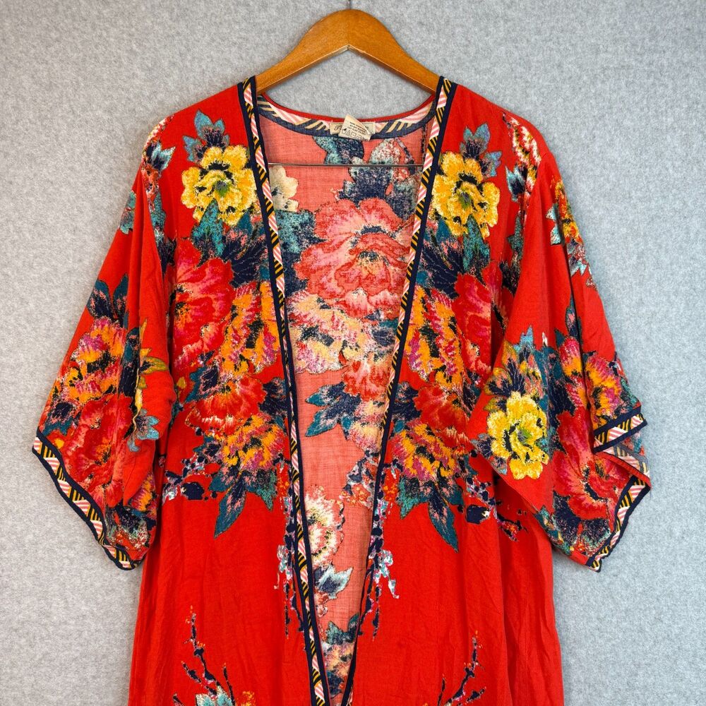 Flying Tomato Red Floral Kimono Multicolored Floral Print Boho Hippie Size M/L - Picture 3 of 6